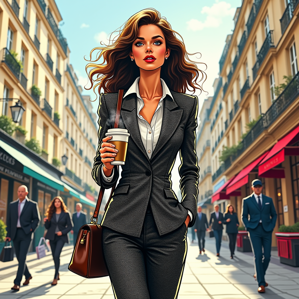 A stylish professional woman, impeccably dressed in a Chanel-inspired tweed suit, strides confidently down a bustling Parisian street, a steaming cup of coffee in hand; manga style, vibrant colors, dynamic lines, expressive eyes, detailed background showcasing Parisian architecture, conveying a sense of sophisticated independence and urban energy.
