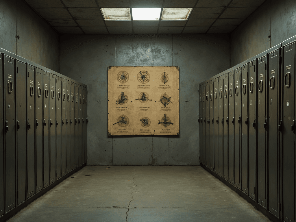 A room with a bunch of lockers and targets on the wall.