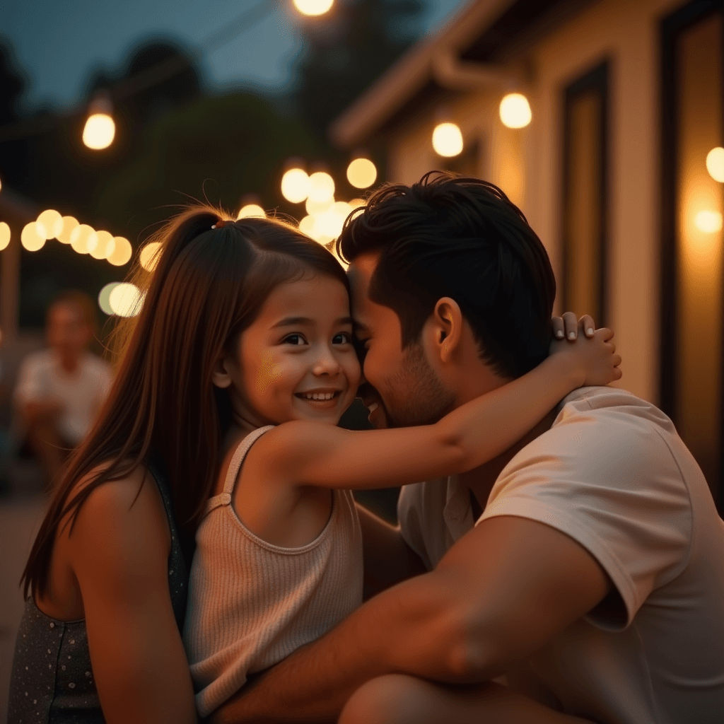 @🎀: Create a realistic vertical video (9:16), as if recorded with an iPhone at an outdoor seasons as summer. The setting has warm lighting from streetlights or soft party lights. A little girl around 2 to 3 years old, with light skin tone, long straight dark hair, and big dark expressive eyes, runs joyfully toward a young couple sitting close together. The couple must look exactly like the people in the attached photo — no changes to their facial features, skin tone, hairstyle, or clothing. They both have medium skin, man have dark hair, women have blonde hair and are man wearing summer outfits. The child should clearly look like their daughter, with features that naturally combine both parents. She hugs them lovingly, wrapping her arms around them, smiling and laughing. The couple smiles and embraces her warmly. The video should feel authentic, as if casually filmed by a friend or family member on a phone — slightly shaky, casually composed, and emotionally genuine.”
и потом осыны жазасын