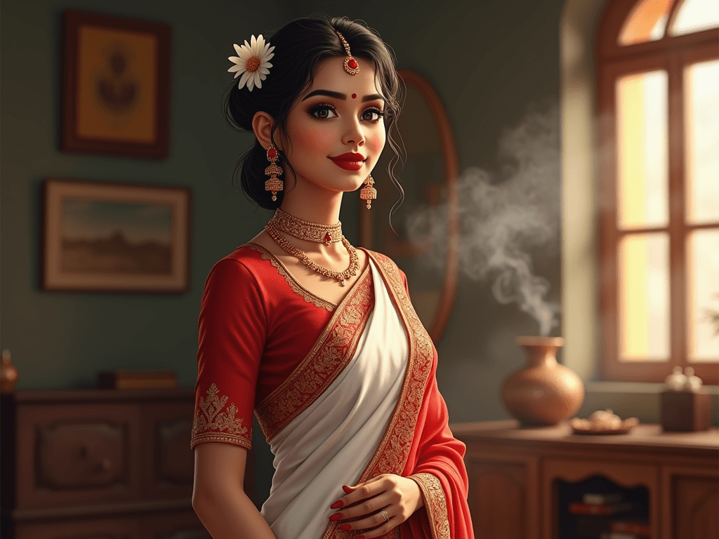 A realistic portrait of a beautiful Bengali woman representing the ideal wife according to Vedic astrology for a man born on December 11, 2004 at 6:32 AM in Kolkata, India. She is wearing a traditional red and white Bengali saree with golden embroidery, a red bindi on her forehead, and intricate gold jewelry including earrings, bangles, and a necklace. Her hair is neatly styled in a bun adorned with fresh jasmine flowers. She has large, expressive eyes, a gentle smile, and a soft, graceful expression that radiates warmth, intelligence, and devotion. Her skin tone is medium with a natural glow. She stands in a softly lit traditional Bengali home interior, with elements like antique wooden furniture, subtle incense smoke, and warm sunlight streaming through the window, creating a spiritual and serene atmosphere. The mood is calm, elegant, and deeply cultural, symbolizing grace, tradition, and feminine strength.
