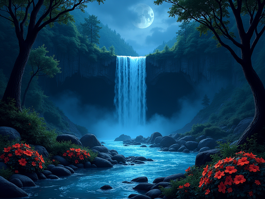 Un paisaje nocturno de una cascada en un entorno montañoso, con una estética anime.
Primer Plano: En la parte inferior, una abundancia de flores rojo anaranjado con centros oscuros adorna el borde inferior, con hojas verde oscuro entre ellas. Un arroyo de aguas azules y tranquilas fluye entre rocas lisas y oscuras. Árboles con frondoso follaje verde oscuro y troncos robustos rodean el arroyo.
Plano Medio: La cascada domina el centro de la escena, con agua azul clara cayendo desde lo alto entre rocas escarpadas y oscuras. La caída produce una bruma blanca y luminosa al chocar en la base, formando un estanque que alimenta el arroyo. Las paredes rocosas están detalladas con estratos y vegetación que se aferra a las pendientes.
Fondo: Montañas oscuras enmarcan el cielo nocturno profundo, donde una luna llena blanca emite una luz suave. Estrellas de distintos tamaños salpican el cielo, y nubes blancas, iluminadas por la luna, aportan una atmósfera onírica y dinámica.
Iluminación y sombras: La luna actúa como fuente principal de luz, realzando los bordes de las nubes y la cascada. Sombras profundas en las zonas no iluminadas dan volumen y profundidad, mientras que la bruma suaviza los contrastes.
Detalles Adicionales: Se notan reflejos sutiles en el agua, y formas precisas en hojas y pétalos. La composición vertical guía la vista desde las flores hasta el cielo estrellado.
