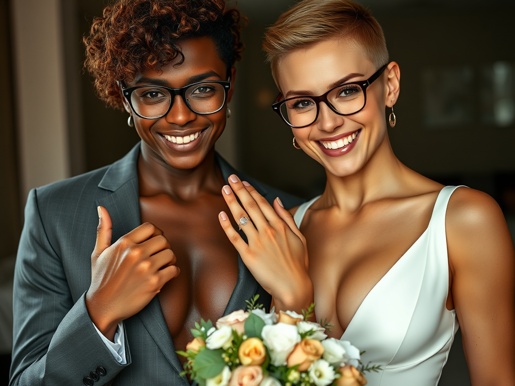 create close up image of a dark latina women with red brown short curly hair, wearing a barely there skimpy very low cut white latex minidress with a deep ample cleavage and thin small glasses  and high heels, she is with an athletic pale white man short light brown hair in Armani suit, all of them smiling mischeviously to the camera showing their rings and her bouquet being just married.