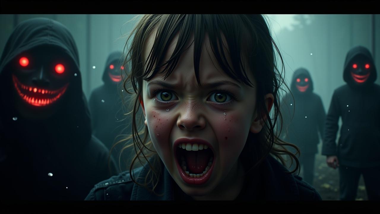 I want an EXTREMELY professional thumbnail,
full of eye-catching details, visual effects, and a realistic, cinematic style.
Create an image for a video about How Demons are Taking Our Children with a very expressive close-up of a child, showing intense emotion
(e.g., Sadness, shock), and demons behind with red eyes, smiling.
Include realistic effects like tears. Add a foggy background, dark colors that convey abandonment.
Use high contrast to highlight
the main character.
Negative space on the left side.

The image should have floating particles, cinematic texture, and dramatic lighting, with points of
warm or cool light creating depth.

The result needs to convey intensity, curiosity, and emotion from afar—to stop the scrolling and generate instant clicks.