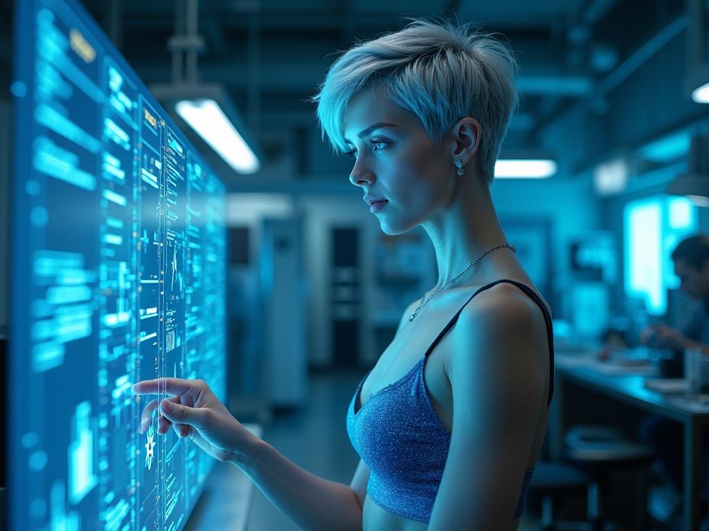 Hyper realistic Photography: A charming, tech-savvy [girl with short, silver pixie-cut] hair and vibrant [blue] eyes, wearing a semi transperant bra and a mini skirt. She's focused on a holographic interface while working in a sleek, high-tech workshop.