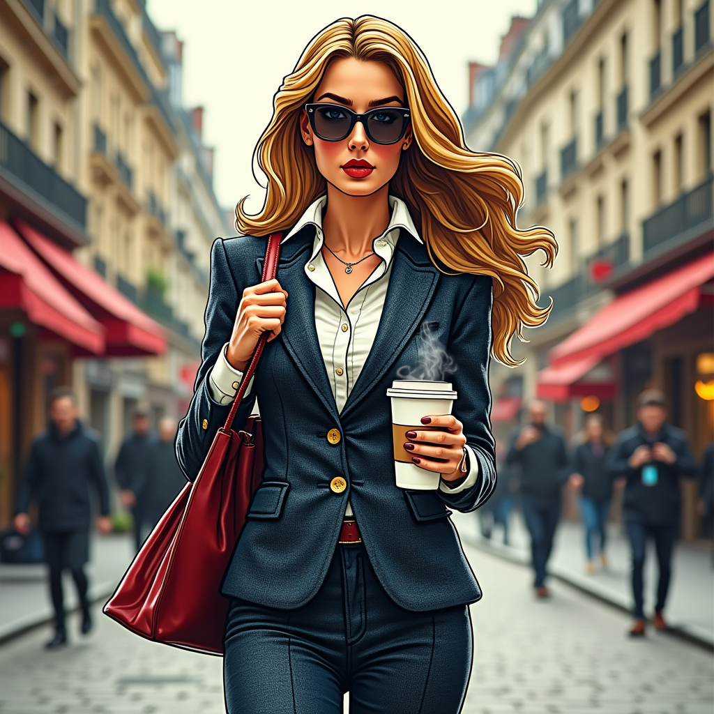 A stylish professional woman, impeccably dressed in a Chanel-inspired tweed suit, strides confidently down a bustling Parisian street, a steaming cup of coffee in hand; manga style, vibrant colors, dynamic lines, expressive eyes, detailed background showcasing Parisian architecture, conveying a sense of sophisticated independence and urban energy.
