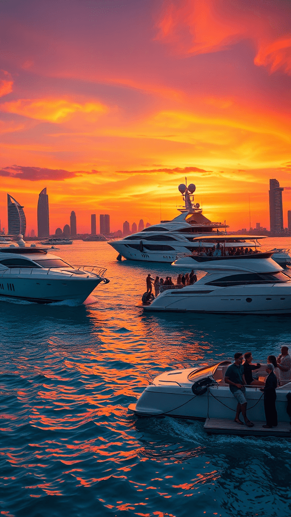 A lavish Dubai yacht party at sunset, vibrant hues of orange and purple painting the sky,  gleaming yachts bobbing gently on turquoise waters,  silhouetted figures laughing against the fiery backdrop,  a scene of opulent celebration, capturing the city's vibrant energy and modern opulence, rendered in a photorealistic style with a painterly touch.

