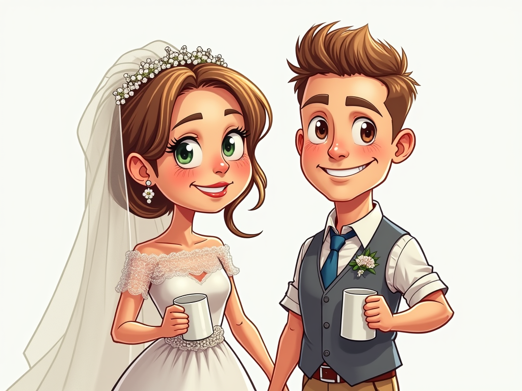Please generate two funny, cartoon images that I can use on mugs for the newlyweds. One for the bride, whose name is Maruška and is a teacher. The other for the groom, Matěj, who is an it man. Thank you




