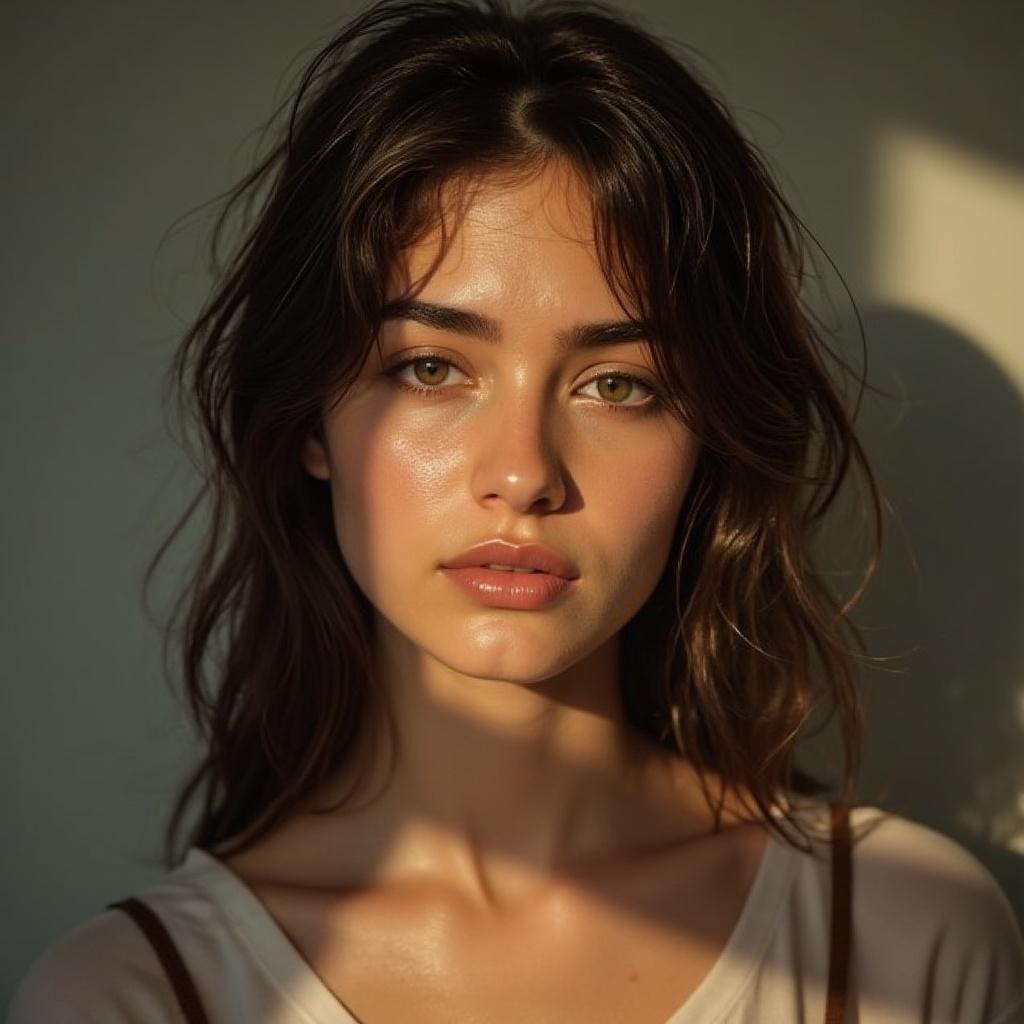 a portrait of a young woman with natural lighting, realistic style