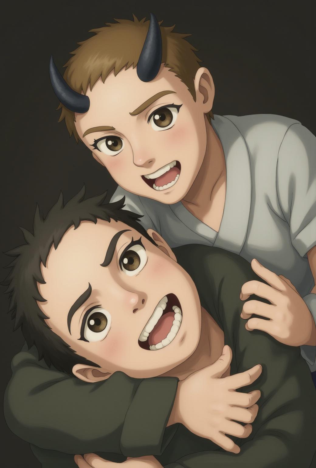 ghibli style, dark look, dark smyle, horns on the head