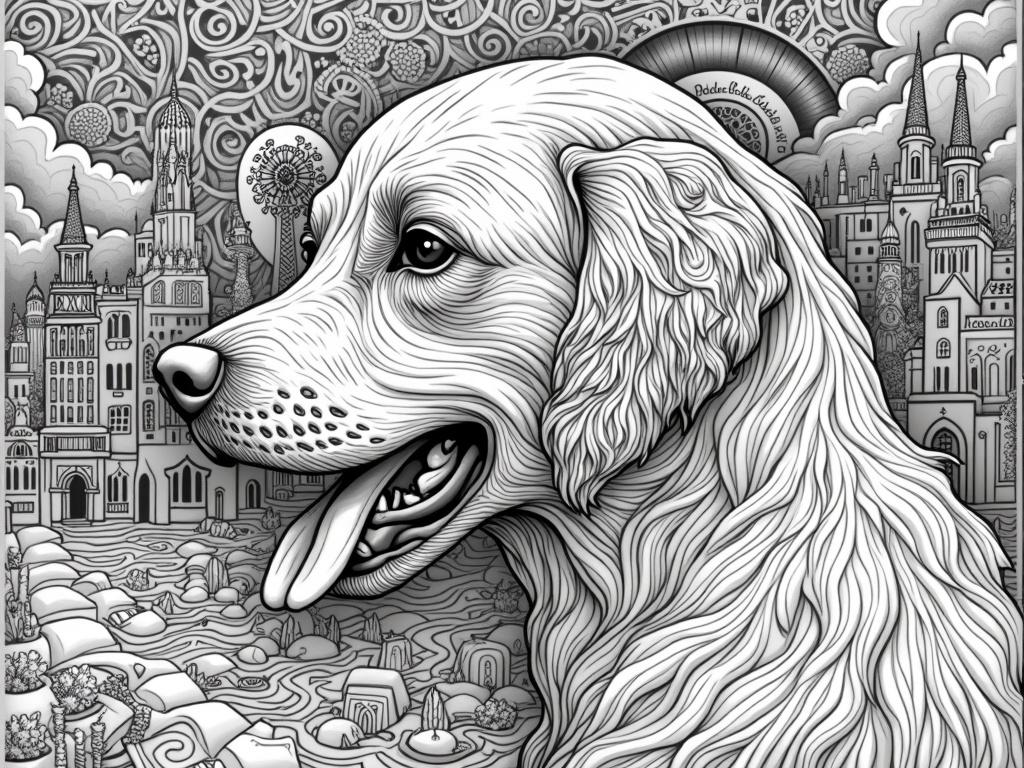 A surreal black-and-white illustration in the style of Joe Fenton: the bust of a Labrador retriever transformed into a fantastical, dreamlike creature, intricately ornamented and detailed, with organic, fairy-tale patterns embedded in its fur and eyes. The background is filled with buildings characteristic of Poznań, such as the town hall, the tenement houses of the Old Market Square, and church towers, depicted in a richly decorated, almost Gothic-surreal style. The composition is full of ornaments and abstract mandalas, a mesmerizing interplay of light and shadow, ultra-detailed, monumental, and incredibly atmospheric, 98% reminiscent of Joe Fenton's work.