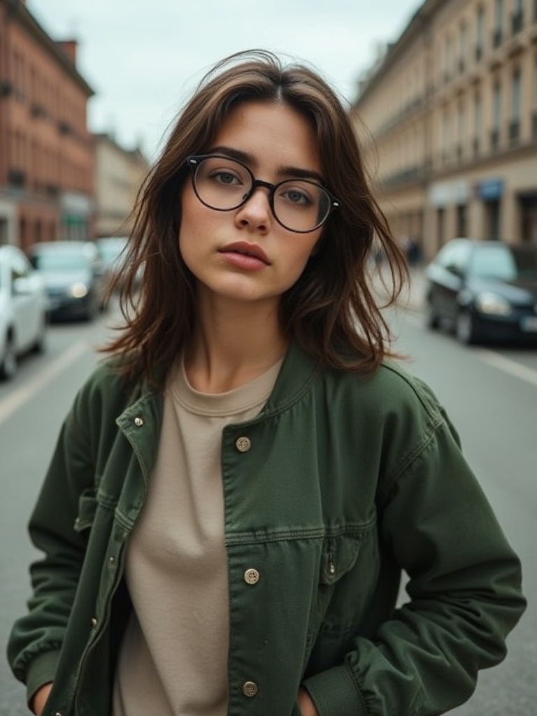 A young woman of Slavic appearance poses sideways, throwing her head up so that her face is visible. She has freckles on her nose and brown-lensed glasses in her eyes. She is wearing a green bomber jacket and a beige T-shirt underneath. She poses on the sidewalk behind which there is a road with parked cars. The photo looks like it was taken on a kodak vision 3 500t.