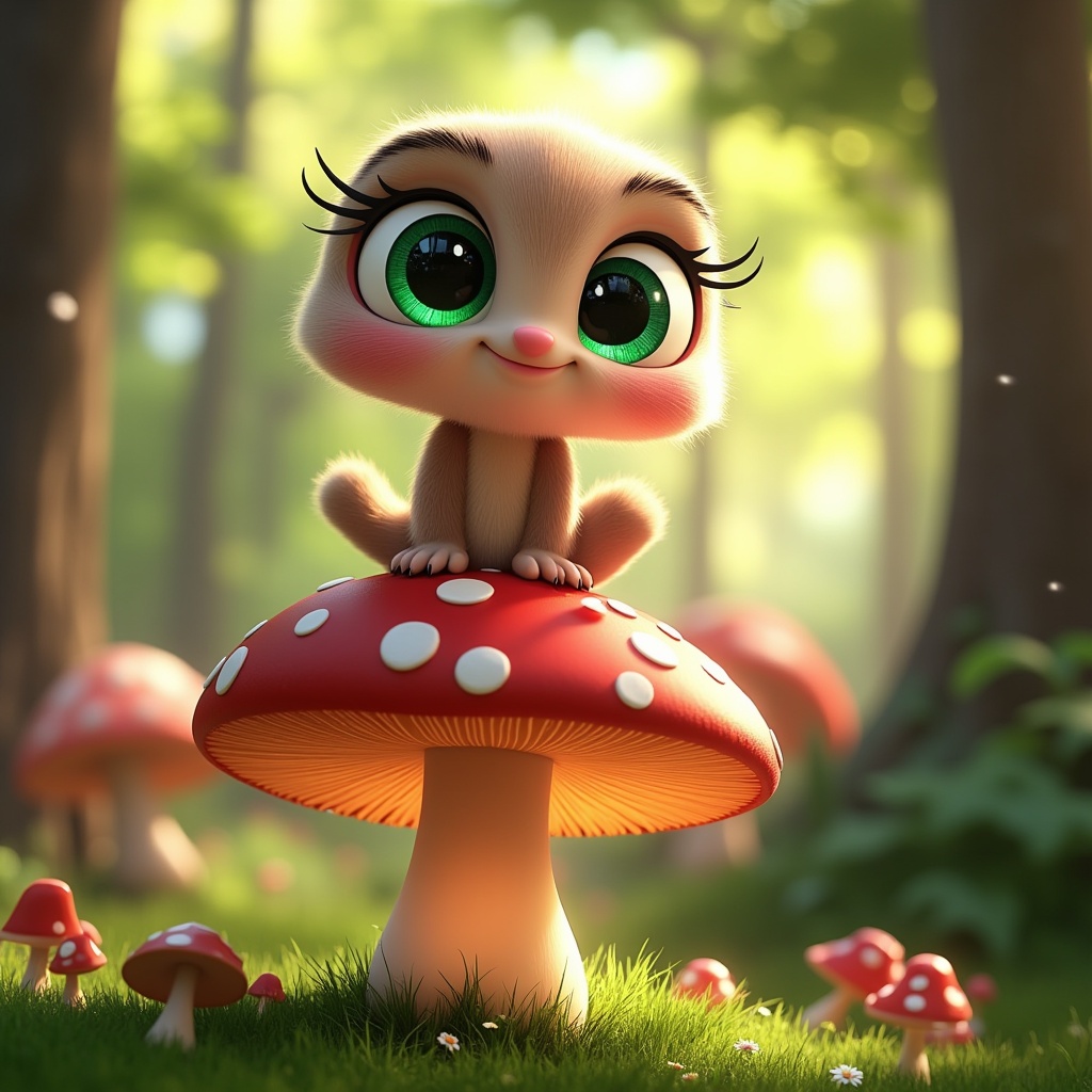 A whimsical, cartoon character with oversized, expressive emerald eyes, reminiscent of Disney-Pixar animation,  perched atop a giant, glowing mushroom in a vibrant, whimsical forest bathed in soft, golden sunlight; a joyful, playful atmosphere, evoking childhood wonder.

