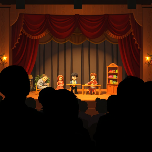 Image of a puppet show inspired by Karlsson, viewed from the audience perspective, stage with puppets and miniature decor, silhouettes of the audience in the foreground, soft warm lighting, cozy theatrical atmosphere, in a whimsical and charming art style