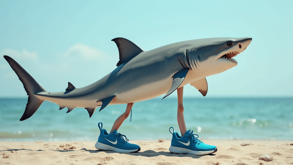 A shark with two legs coming out from the middle of its body, and it's wearing blue Nike sneakers on those legs. The setting is by the beach