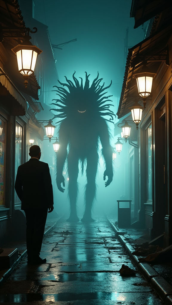 A brighter, narrow street with glowing white lanterns reflecting on wet ground. The creature halts, its many heads gazing in all directions. A man at a shop entrance stares, paralyzed. The light outlines the figure with eerie precision. Photorealistic, high contrast light, very sharp detail.