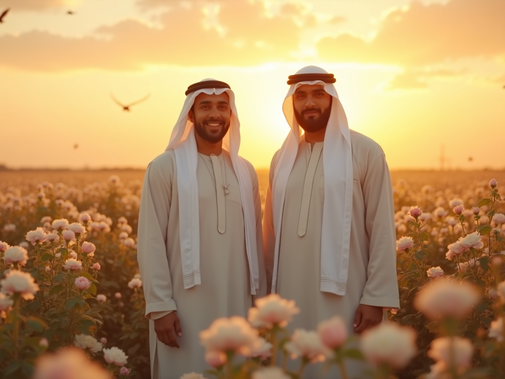 A cinematic 4:3 horizontal image showing two Middle Eastern men standing very close to the camera, waist-up, in a dreamy flower field at golden hour.
The man on the right has a fuller, broader body with a rounded face and a warm, gentle smile, while the man on the left is slightly taller, with a stronger, firmer build and a protective, calm expression.
Both are wearing perfectly tailored white robes (thobes) with clean, modest white shawls wrapped neatly around their shoulders and chest — no head coverings, no turbans, no agal.
They are surrounded by thousands of blooming roses in white and soft pink, with a warm golden sun shining from behind and a sky filled with glowing clouds and gentle birds in flight.
The scene feels cinematic, peaceful, spiritual, and emotionally moving — a perfect blend of fantasy and realism.