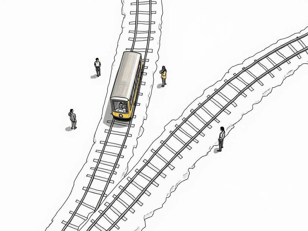 A simply drawn sketch: Aerial view with a train track. The track divides into two in a Y-shaped design. in front of the seperation there are five people who are all standing on the rails. On one of the tracks behind the junction there is only one person. A train can be seen on track in front of the seperation. Through the windshield  A woman is visible standing in the driver's cab.
