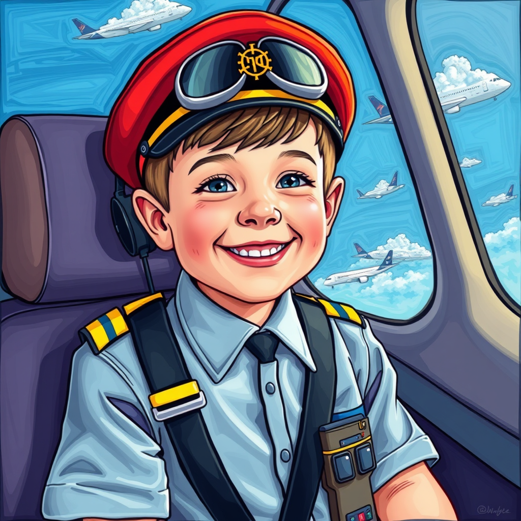 14 year boy as pilot A320 outside, colorful, art, with text Dárkový poukaz Sebbies pilotem Airbusu A320 - 60 minut 