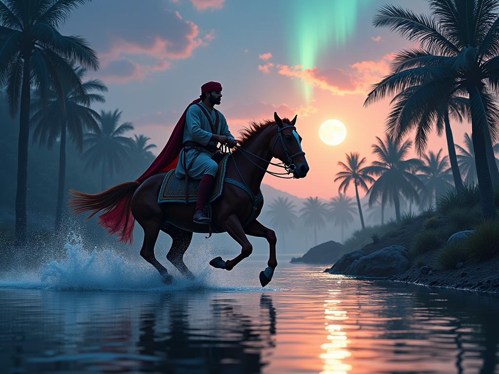 An Arab warrior riding a brown horse galloping through a river in a palm grove with a beautiful sky reflecting the moon in the water. The sky is bright and has aurora borealis with beautiful colors.