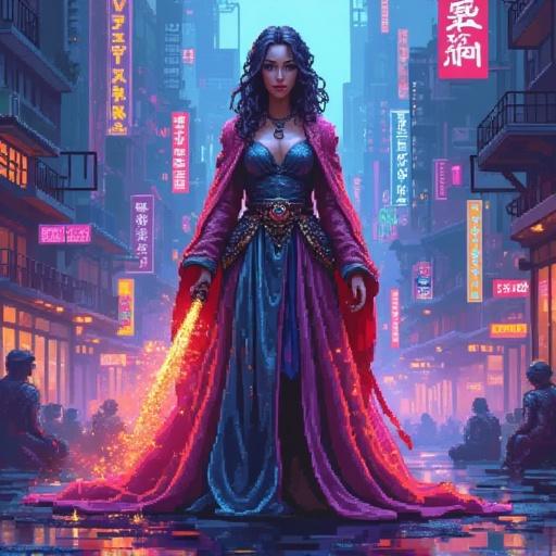 A breathtaking female sorcerer, adorned in shimmering, iridescent robes, stands amidst a neon-drenched, cyberpunk-infused post-fantasy cityscape; pixel art, 8-bit, vibrant hues, intricate details, evocative of a retro-futuristic, magical metropolis, radiating power and serenity.
