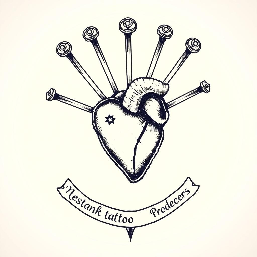 A tattoo design depicting a heart pierced by seven nails, each labeled with one of the seven deadly sins