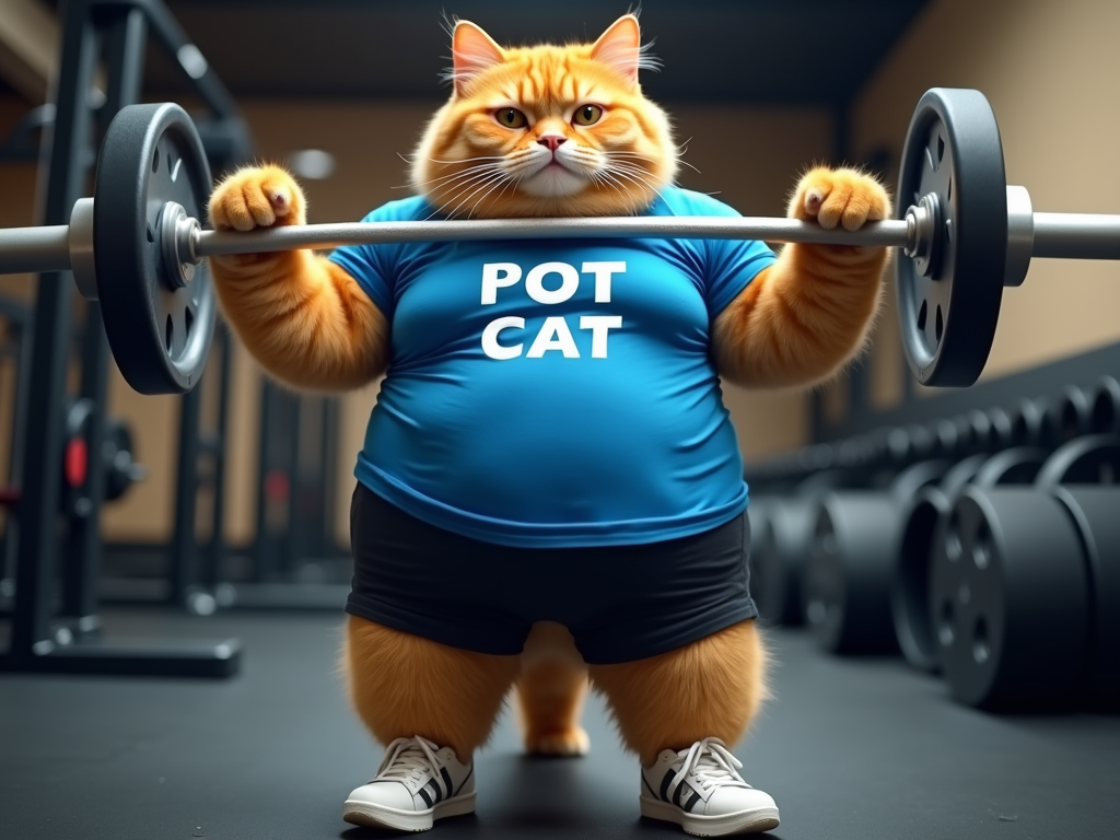 The image shows a large orange cat standing in a gym, lifting a barbell with both hands. The cat is wearing a blue t-shirt with the word "POT CAT" written on it, black shorts, and white sneakers. It has a big belly and is looking up at the camera with a determined expression. The background of the image shows various gym equipment and weights.