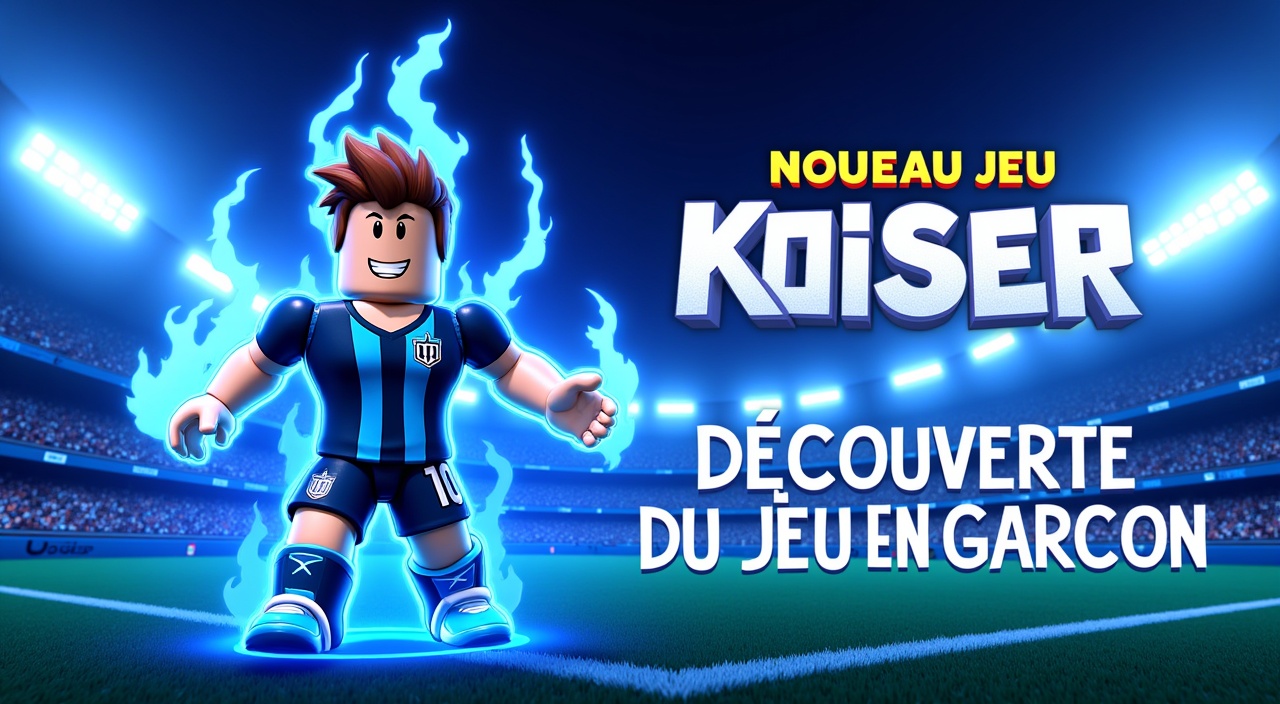 ✅ Personnage de Kaiser en style Roblox Blue Lock Rival avec son maillot bleu et noir
✅ Effets d’aura bleue et éclairs pour un look intense
✅ Fond dynamique avec un stade de foot futuriste façon Blue Lock Rival
✅ Texte impactant : "NOUVEAU JEU BLUE LOCK RIVAL" ou "DÉCOUVERTE DU JEU  EN GARCON
