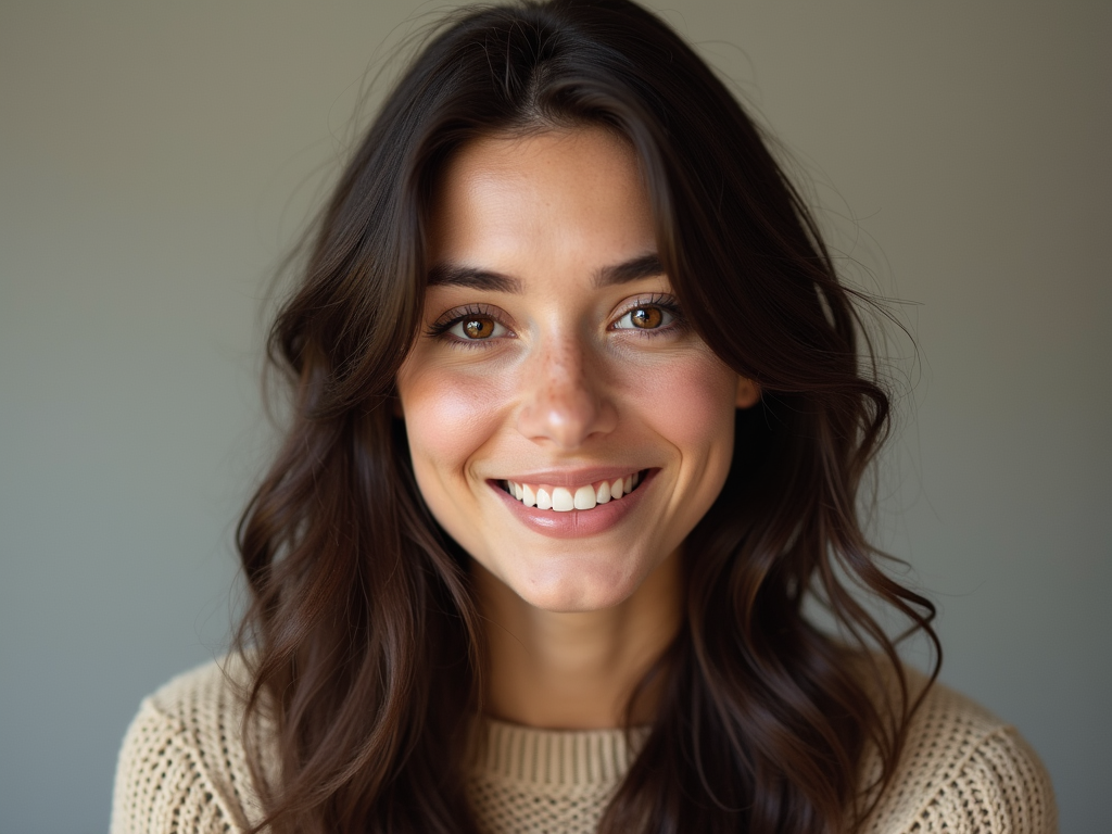 A young woman with a warm smile and expressive brown eyes, similar in age and style to Eleonora Bertoli but with slightly fuller lips and a more defined jawline. She has long, wavy dark brown hair styled loosely around her shoulders. She is wearing a beige knitted sweater and looking directly at the camera with a friendly and approachable expression. Natural light, soft focus background.

