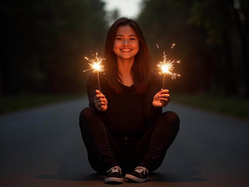 a-smiling-young-woman-sitting-in-the-middle-of-an-zc2lu2m1cw