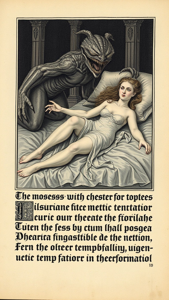 The manuscript features a toples woman lying on a bed legs spread wide, accompanied by a monstrous creature with humanoid and demonic features. The creature extends its clawed hands towards the woman, and the text beneath the image, written in large Gothic letters, describes the obsession with temptation, pubikhair