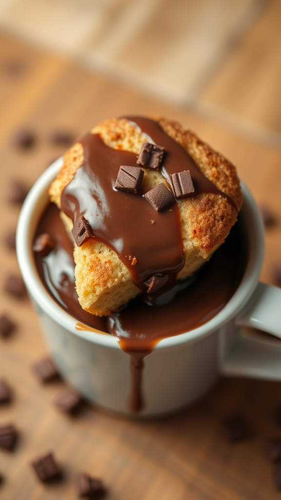 Photo of the mug with the warm cake and melting chocolate.