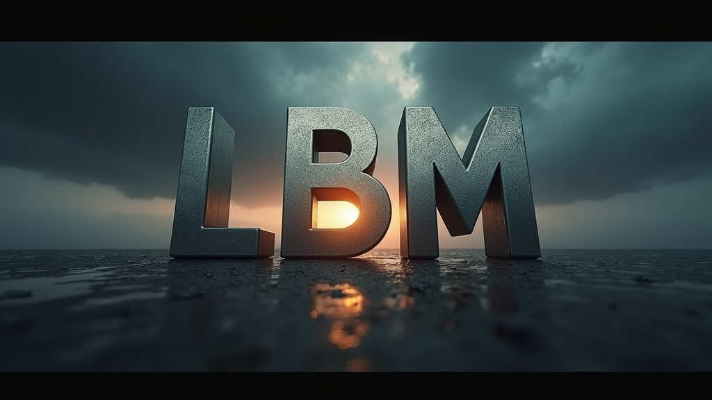 Create a hyper-realistic, cinematic movie production logo featuring the bold, stylized letters L B M, standing for LandscaperBob Media. The letters should be large, metallic, and three-dimensional, with a brushed steel texture and dramatic lighting casting soft shadows. Position the letters in the center of the frame, spaced slightly apart with depth and weight, as if forged from industrial-grade metal.

Behind the letters, feature a dark, cloudy sky or a sunlit horizon breaking through storm clouds — symbolizing creativity rising through grit. Include subtle lens flares and particle effects like dust or light rays moving across the screen, enhancing the cinematic atmosphere.

Add a faint engraved subtitle beneath the letters:
“LandscaperBob Media” in a clean, sleek font — minimalist but modern.

Incorporate a subtle slow camera zoom-in or pan if animating. The color palette should be rich and moody: dark blues, silvers, and golden highlights. This should resemble the intro of a high-end production studio, suitable for theatrical release or major streaming service branding.