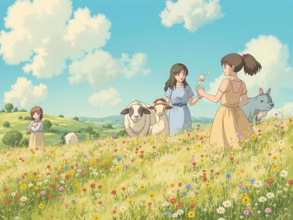 Studio Ghibli style, soft watercolor textures, whimsical atmosphere, detailed background, warm lighting, anime-inspired characters, Hayao Miyazaki aesthetic --v 5.2
