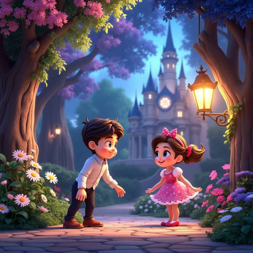 A whimsical Disney-esque fusion of two photographs, vibrant colors, enchanting atmosphere,  a playful juxtaposition of elements,  detailed character designs,  magical lighting,  a sense of wonder and joy,  a harmonious blend of styles,  evoking childhood nostalgia,  a touch of fantasy,  rendered in a painterly style,  with a focus on light and shadow,  a balanced composition,  a story unfolding,  a magical kingdom.
