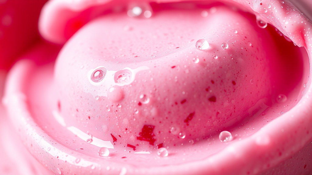 High-contrast close-up of pink berry gelato with water droplets and dynamic lighting for modern product ad.

