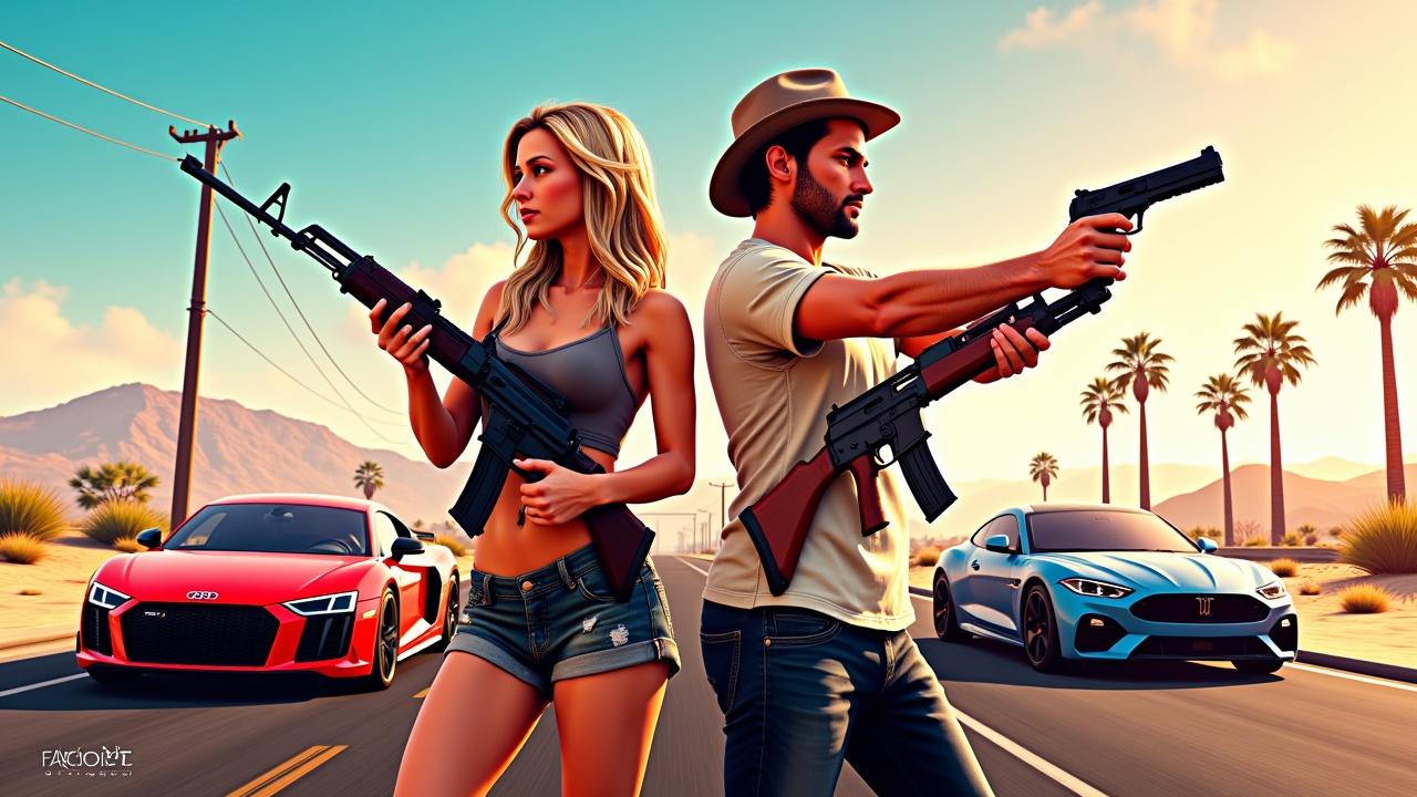 Dos. Personajes de GTA V presentándose con armas K 47 de fondo aparecerá un desierto con palmeras y una carretera donde hay tres autos Super deportivos, un Audi R8, un Porsche GT tres y un BMW M4