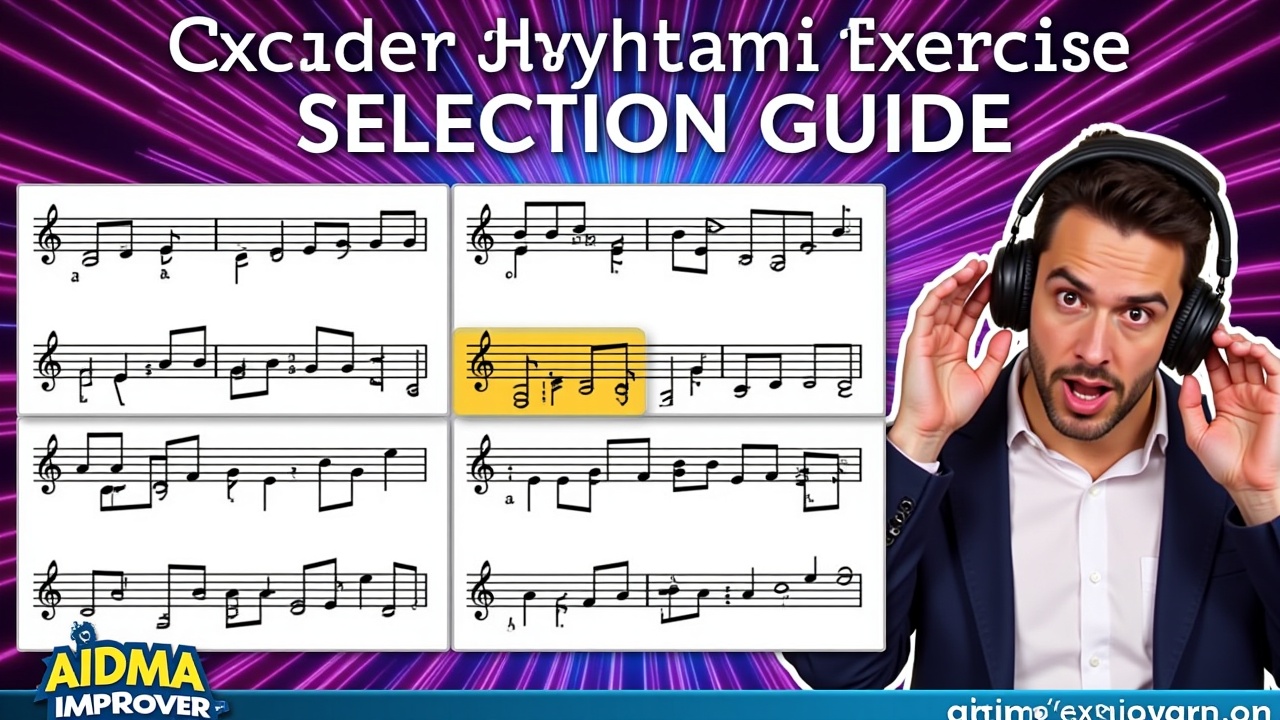 I want a thumbnail for YouTube that expresses the rhythmic signs, listening to rhythmic exercises, and choosing the correct exercise from among four options. The image should have a title with keywords that express the above and should have the word “exclusive.”