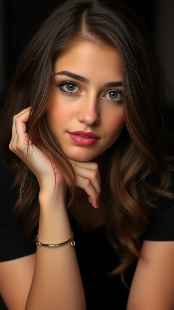 A [young] woman with [long, wavy brunette hair] rests her head on her clasped hands, she is looking in the camera. She is dressed in [a black top] and wears [a delicate bracelet on her left wrist]. Her expression is [gentle and thoughtful], enhanced by [natural makeup and a hint of pink lipstick]. The background is [dark and blurred], drawing attention to [her face and hands].
