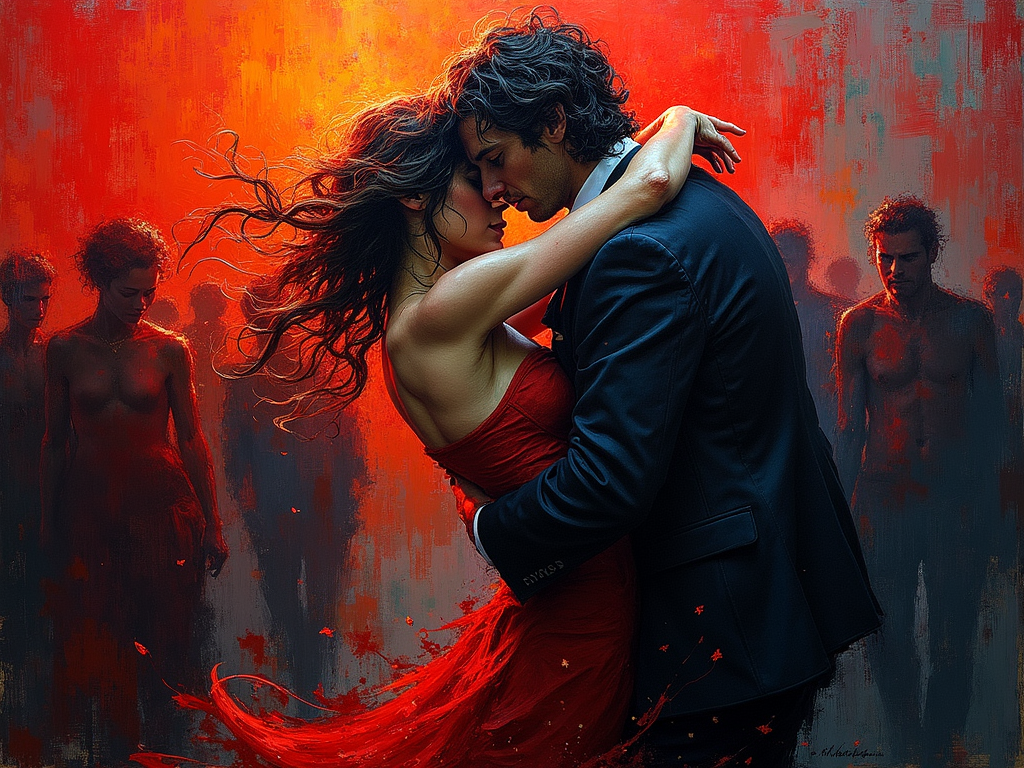 A passionate embrace, rendered in a vibrant, chaotic Expressionist style reminiscent of Kirchner, with swirling crimson and cobalt hues, distorted figures locked in a desperate, swirling dance, conveying raw, untamed emotion; a whirlwind of color and movement, capturing a fleeting moment of intense intimacy, bathed in harsh, dramatic lighting, reflecting the turbulent energy of early 20th-century Berlin.
