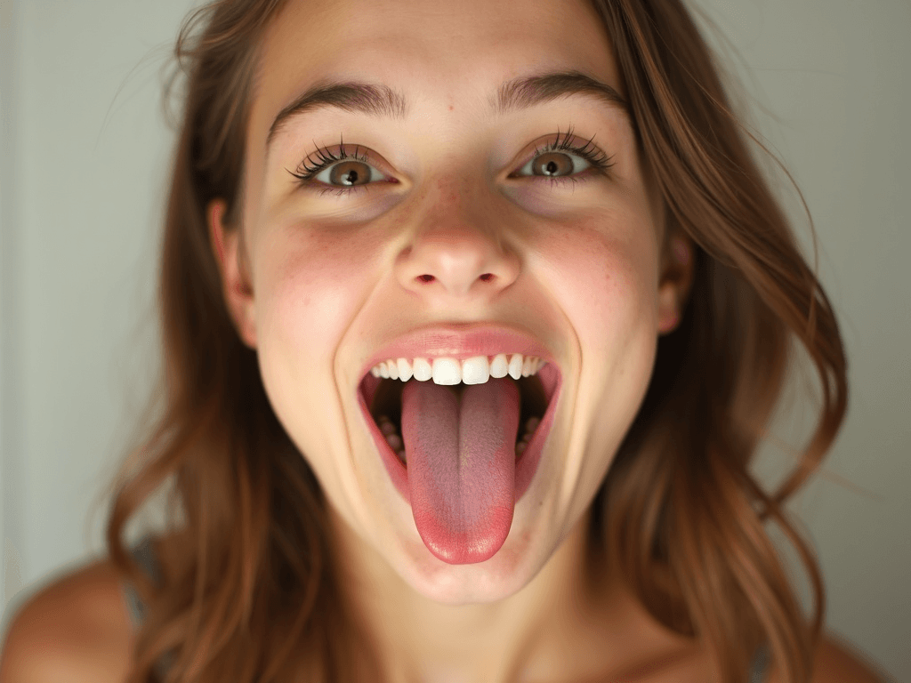 Cute teen looking up at camera with her tongue out and mouth open as wide as possible, smiling, waiting for a drop of honey to be dropped into her mouth