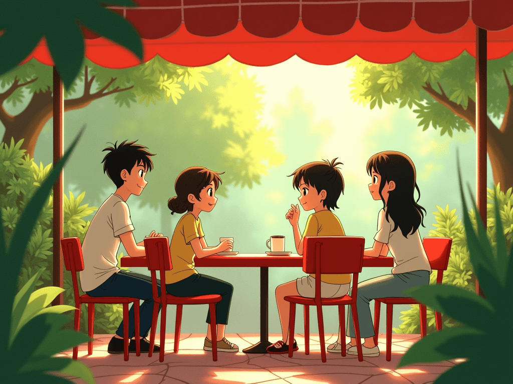 Here’s a Studio Ghibli-style prompt based on your photo:

Prompt:
"A heartwarming Studio Ghibli-style illustration of four friends sitting at a red table in an outdoor café surrounded by lush green plants. The scene is bathed in warm, golden light filtering through the trees, giving it a dreamy and nostalgic atmosphere. The characters have expressive, soft anime-style features, with gentle smiles and relaxed postures. The setting has a painterly texture, with hand-drawn details in the foliage, the red canopy above, and reflections on the glossy tiles of the table. The background blends soft brushstrokes and a storybook aesthetic, evoking the charm and coziness of a Ghibli film like Whisper of the Heart or My Neighbor Totoro."