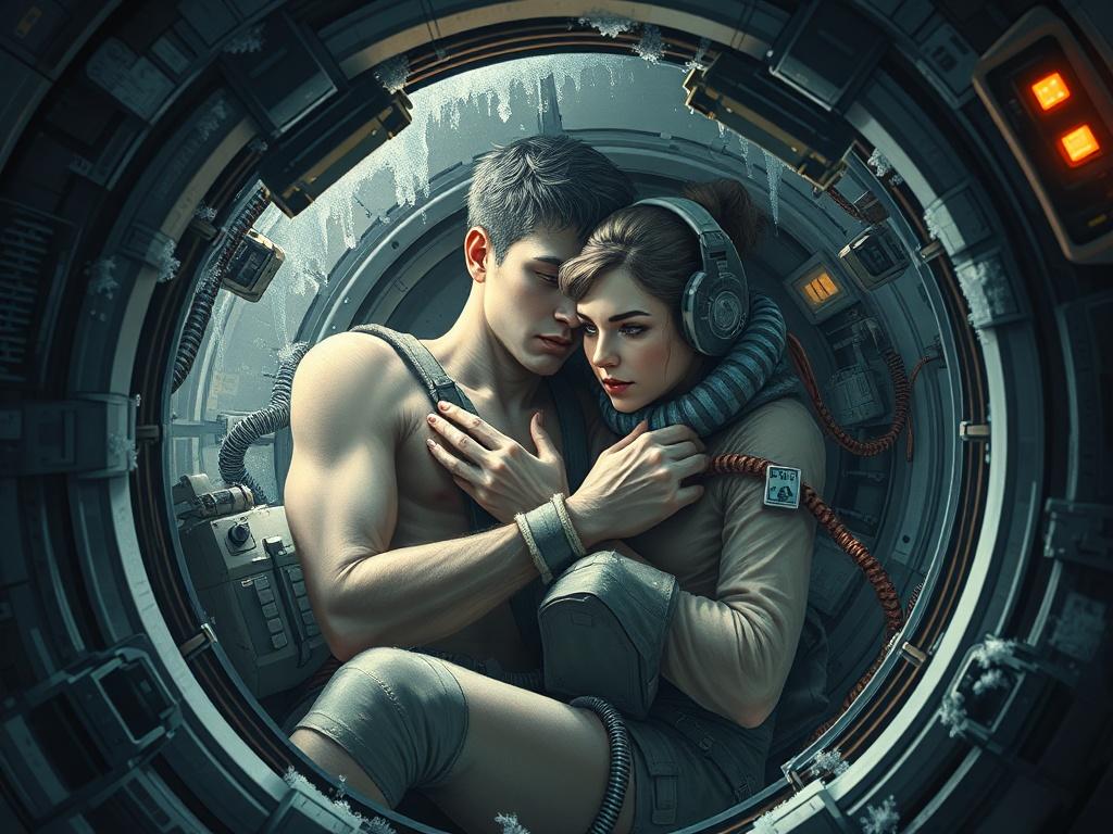 A realistic science fiction illustration of survival. Inside a tiny orbital capsule, two human figures—a young man and a woman—are huddled together for warmth and survival. Their skin is partially visible, but parts of their bodies are obscured by oxygen tubes, nutrient dispensers, and waste recycling devices. The entire figure appears vulnerable yet determined, illuminated by the dim light streaming through the porthole. Frost coats the capsule's windows, but not the people inside, as they huddle together in the tight, elongated space, warming themselves. Electronics glow dimly, and the atmosphere is tense, emphasizing the necessity of survival in the freezing vacuum of space.