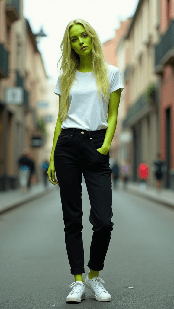 tall slim chartreuse-skinned woman, vulture ears, chartreuse hands, long wavy blonde hair, streetwise ruthless chartreuse face, white t-shirt and long athletic legs with black trousers and white converse trainers, standing on street
