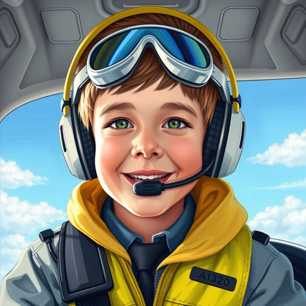 14 year boy as pilot A320 outside, colorful, art, with text Dárkový poukaz Sebbies pilotem Airbusu A320 - 60 minut 