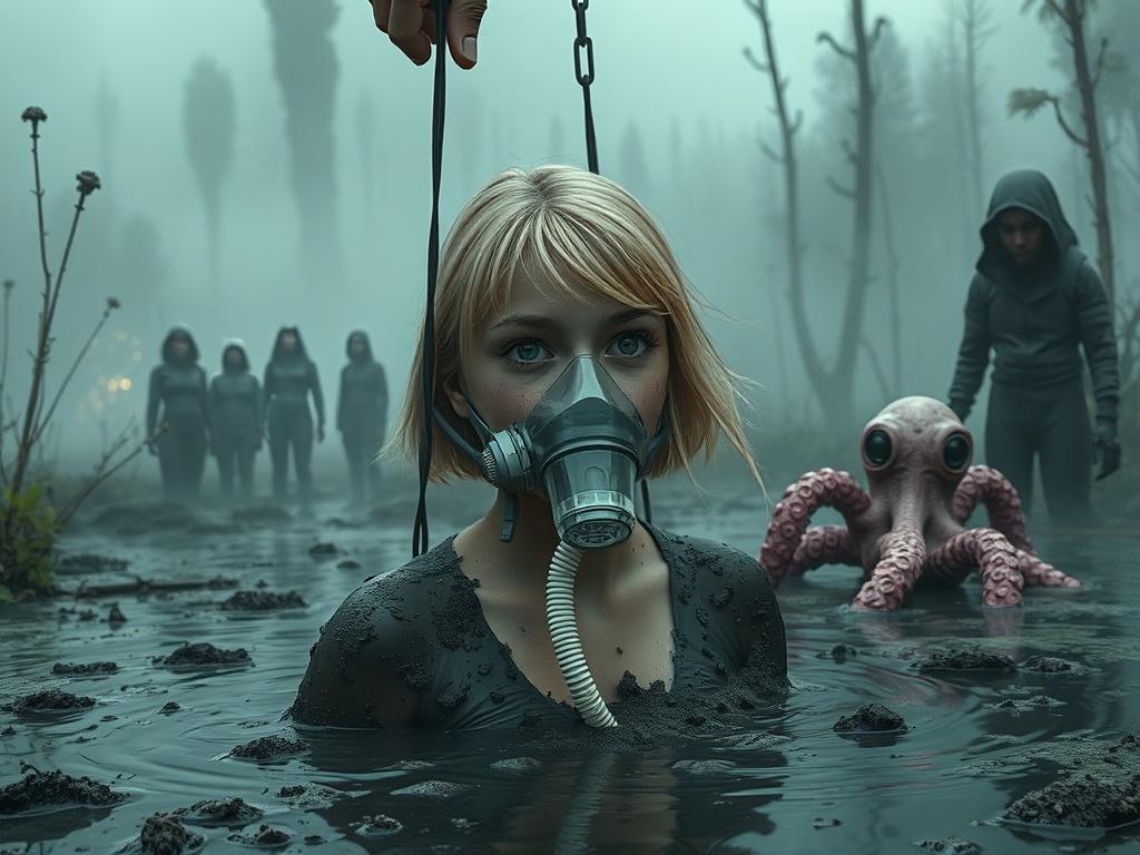A cinematic illustration of science fiction. On a swampy alien planet, a teenage girl is carefully pulled from a dark peat bog. Her skin and blond hair are covered in a black layer of mud. A transparent oxygen respirator is attached to her face, delivering oxygen during the peat therapy. She looks disoriented and astonished, as if she has just emerged from a long hibernation. Around her stand a group of people and a pink-purple alien resembling an octopus with intelligent eyes. The atmosphere is mysterious and humid, with fog over the swamp and alien vegetation subtly glowing in the background. The scene is detailed, realistic, and cinematic.