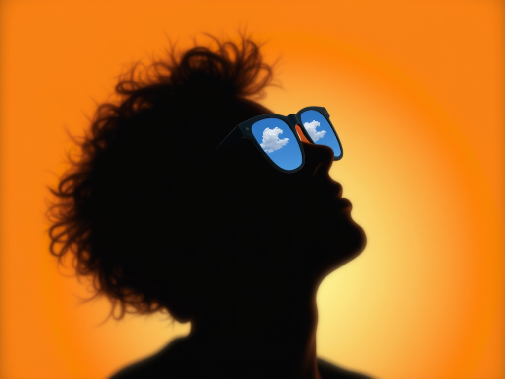 Silhouette of A person wearing sunglasses looking up with an orange background, the blue sky with white clouds clearly reflecting in the sunglasses
