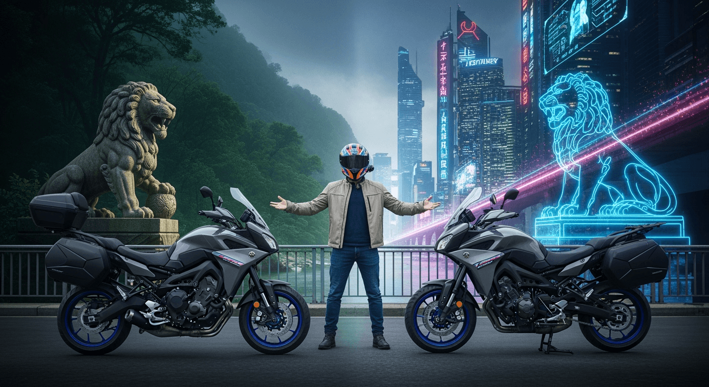 A man stands next to his Yamaha Tracer sport-touring bike with side cases. He is wearing a beige jacket, blue jeans and grey motorcycle helmet with orange and blue patterns. He stands powerful stance, feet slightly apart, arms slightly outstretched as if presenting or controlling both realms. In the background on the left, there's a magic deep forest. And there is an ancient lion stone statue. On the right side of the bridge over the river, we can see a futuristic cyberpunk city skyline glowing with neon lights and holograms. And there is another lion statue, perfectly symmetrical and identical to the stone one, but made out of glowing blue neon. Composition is flat, symmetrical, suited for a facebook cover picture, showing a clearly gradual gradient transition from left to right from deep forest to the cyberpunk city. Cinematic futuristic photorealistic ultra-detail atmospheric shot.