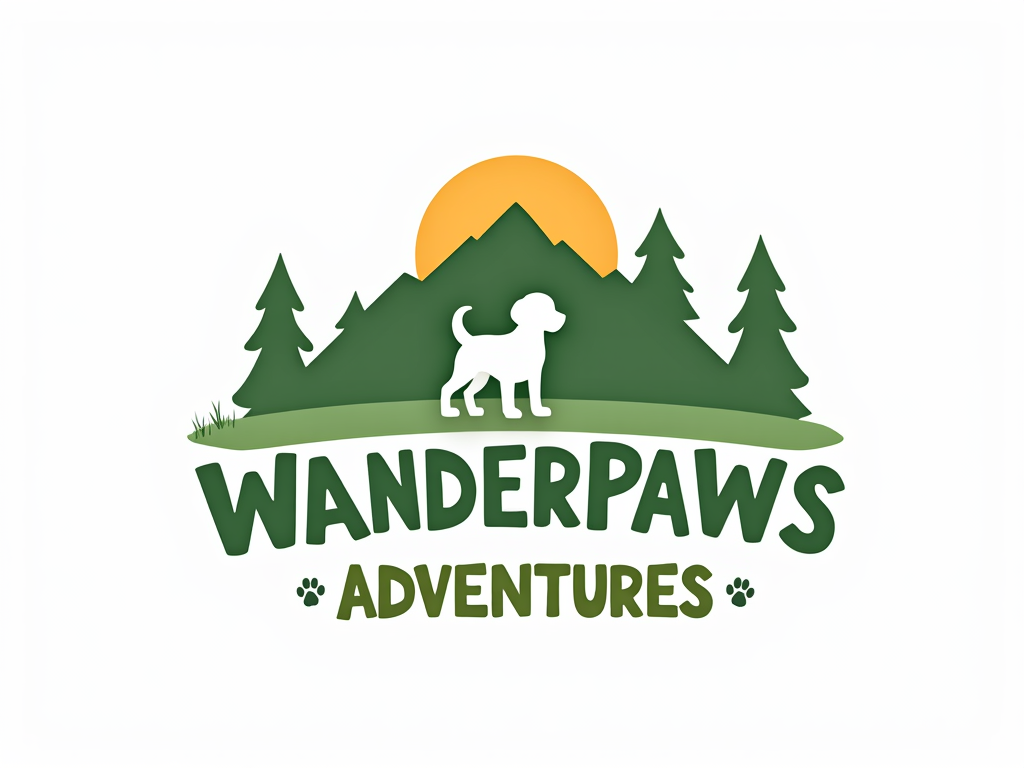 WanderPaws Adventures is a pet hiking and outdoor adventure service based in a scenic, forested town. Founded by a former park ranger, the business offers guided nature hikes for dogs, focusing on safety, enrichment, and joy. Make a logo that reflects an adventurous, outdoorsy vibe with elements like mountains, trees, and a dog or pawprint—designed to look great on gear like trail vests, water bottles, and the company van. make the logo on a blank white backround