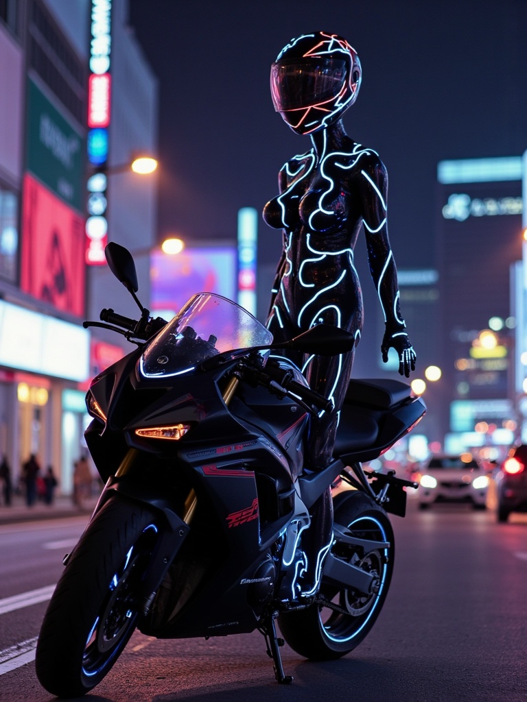 fractally_fractalled_luminescent_suit "highly_detailed_human_cyborg_woman_wearing_colourful_fractally_glowing_lined_latex_suit" standing tall next a black motorcycle in_vibrant_neonlit_mega_city, beautiful_face, highest_Resolution_concept_Art_portrait, splash_screen, vray_raytraced, perfect_hands, Goddess_face, amazing_colours, beautiful_masterpiece, extreme_bottom_endless_wide_angle_shot