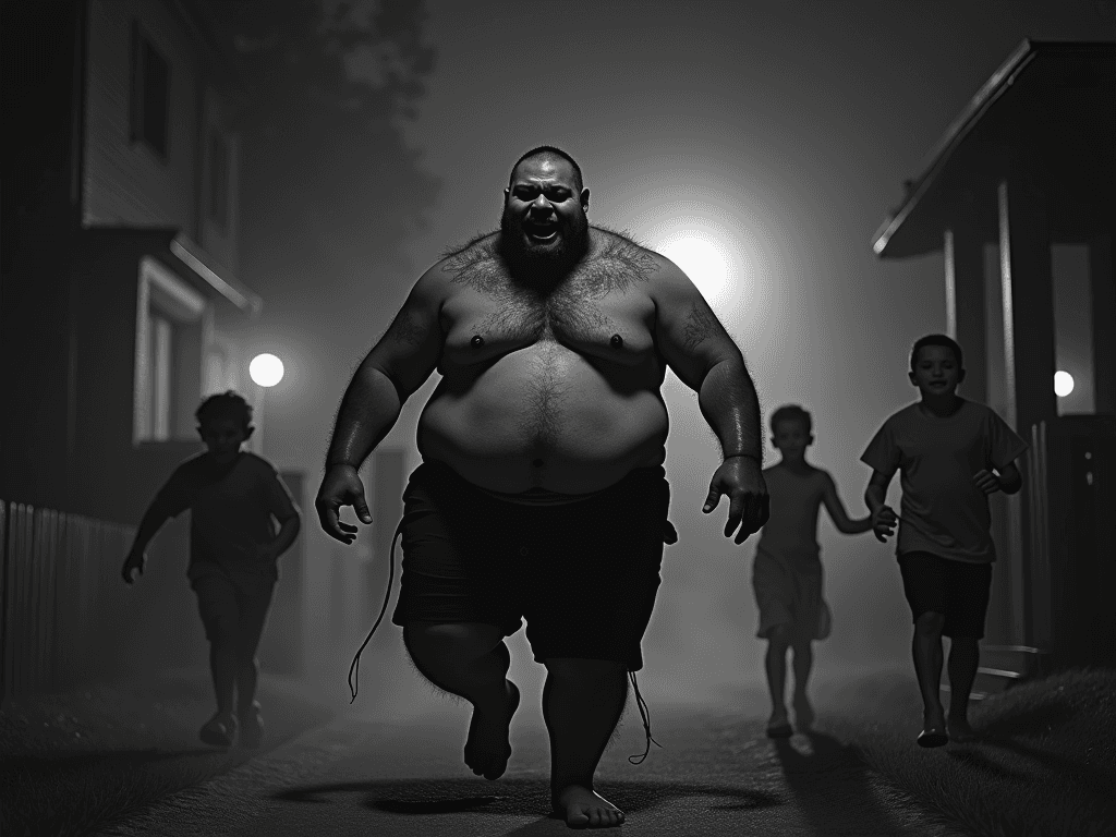 Black, fat, shirtless, obese man chasing kids in Halloween night black and white and he has a creepy smile kids run away screaming for their lives 